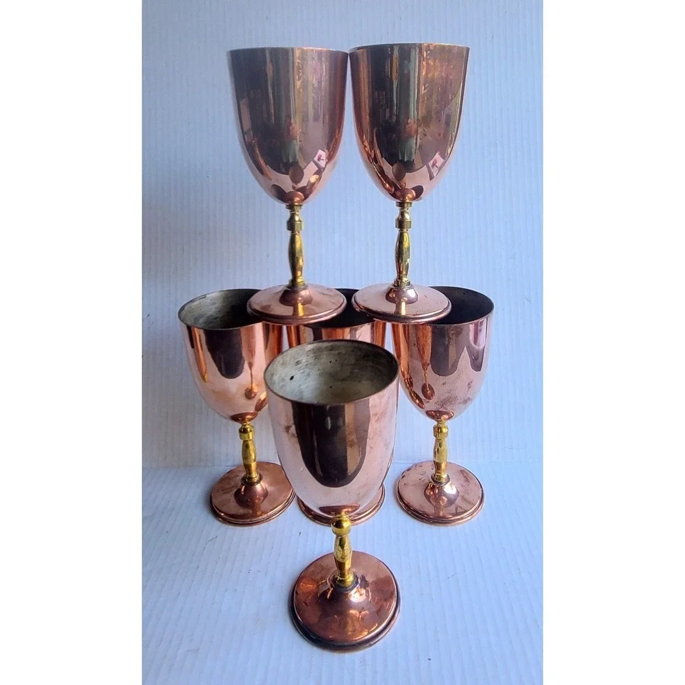 Vintage Orfe Mex Mexican Copper Brass Wine Water Pitcher & 6 Goblets RARE Unique